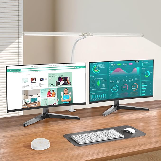 Led Desk Lamp for Office Home - Eye Caring Architect lamp with Clamp,Dual Screen Computer Monitor Work Smart Light: 24W 5 Color Flexible Adjustable Lighting Table Lamp for Study Drafting Beige
