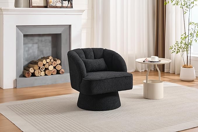 GarveeHome Modern Swivel Barrel Accent Chair, 360° Teddy Fabric Upholstered Armchair with Striped Backrest & Plush Padding, Comfy Round Lounge Chair for Living Room, Bedroom, Reading Nook, Black