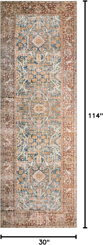 Loloi Layla Collection LAY-04 Ocean/Rust 2'-6" x 9'-6" .13" Thick Runner Rug, Soft, Durable, Vintage Inspired, Distressed, Low Pile, Non-Shedding, Easy Clean, Printed, Living Room Rug