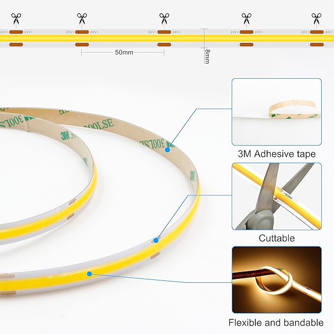 COB LED Strip Light Warm White 24.6FT, High Bright LED Strips with 2400LEDs, RF Remote and UL Power Supply, 3000K Dimmable LED Lights for Bedroom, Kitchen, DIY Home Decoration