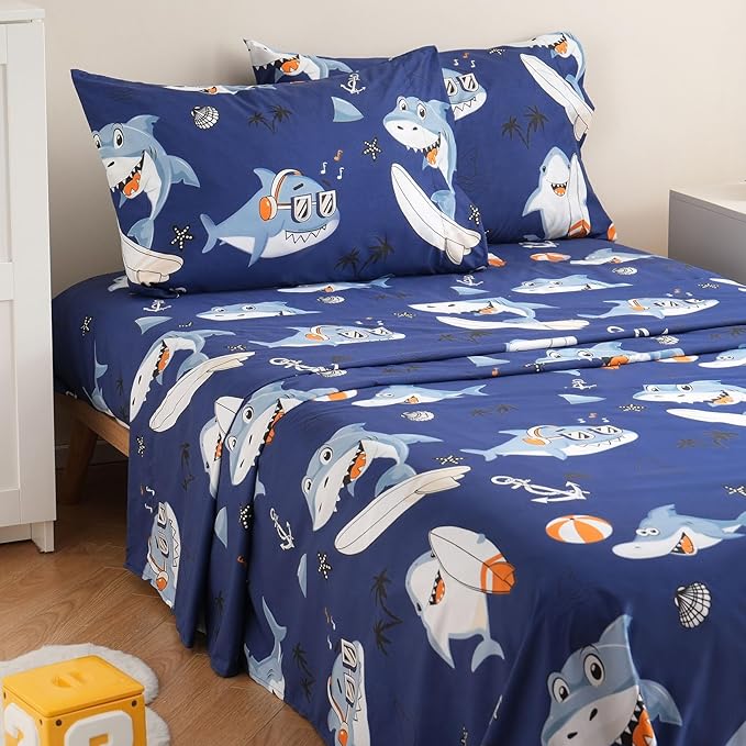 JSD Blue Shark Surfing Kids Sheet Set Full Size, 4 Piece Nautical Printed Microfiber Sheets Deep Pocket