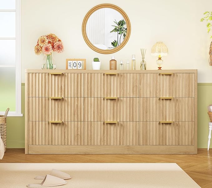 TEENFON Fluted Dresser for Bedroom with 9 Drawers, 63" Wide Modern Chest of Drawers with Metal Handle & Curved Profile Design, Wood Closet Clothes Storage Organizer for Living Room, Hallway, Natural