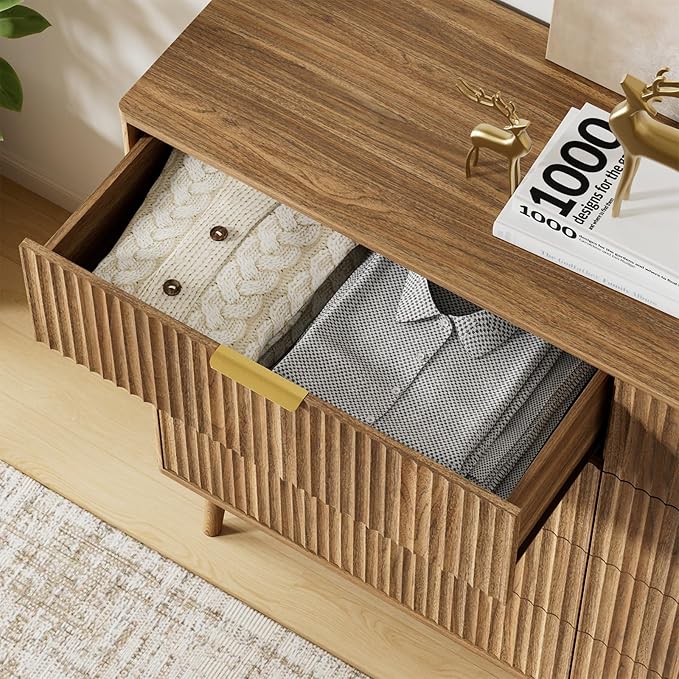 LYNSOM Fluted 8 Drawer Dresser for Bedroom, 55" Wide Modern Chest of Drawers with Curved Profile Design and Metal Handles, Wood Dresser TV Stand & Storage Organizer for Bedroom, Hallway, Walnut