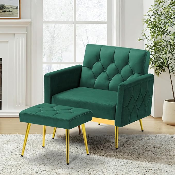 Velvet Accent Chair w/Adjustable Armrests and Backrests, Tufted Single Armchair w/Ottoman, Upholstered Reading Chiar for Living Room, Apartment, Bedroom, Green