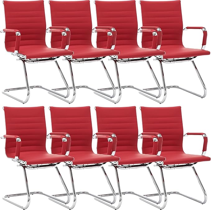 Wahson Office Guest Chairs Set of 8, Leather Reception Chairs, Mid Back Waiting Room Chair, Conference Chairs with Sled Base, Desk Chair No Wheels for Meeting/Lobby/Restroom, Dark Red