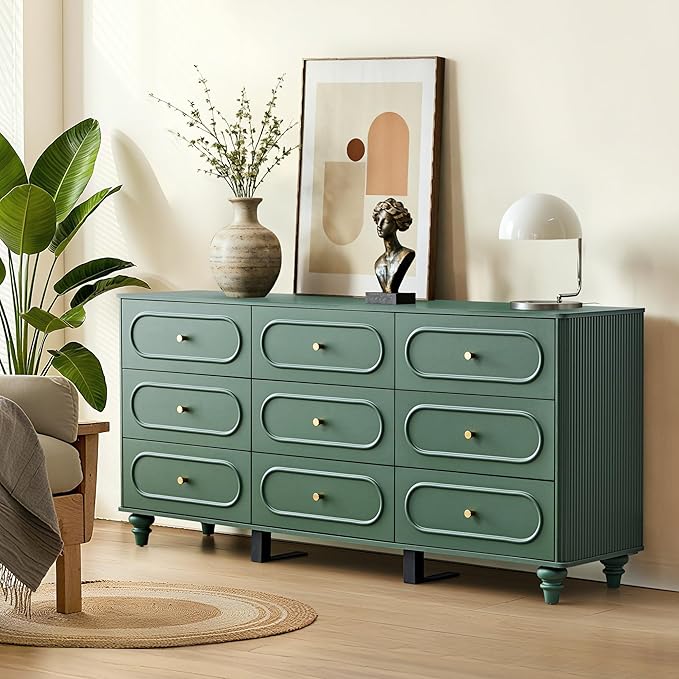 9 Drawer Fluted Dresser for Bedroom, Mid Century Modern Chest of Drawers, Wood Storage Small Dresser Organizer for Bedroom Living Room Hallway Closet, Green