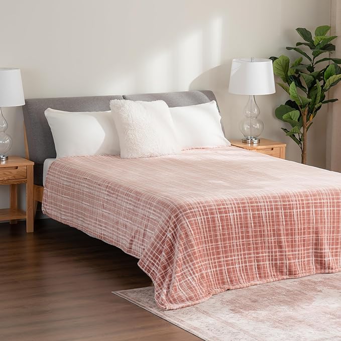 Berkshire Blanket-Classic Heavyweight Soft Printed VelvetLoft® Plush Warm Blanket, Twin Size Soft Fuzzy Blanket for Couch Sofa Bed, Watercolor Plaid Blush, 60in x 90in