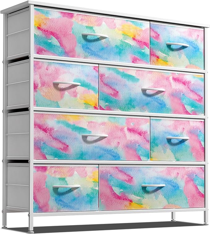 Sorbus Dresser with 8 Drawers - Furniture Storage Chest for Kid’s, Teens, Bedroom, Nursery, Playroom, Clothes, Toys - Steel Frame, Wood Top, Fabric Bins (Tie-dye)