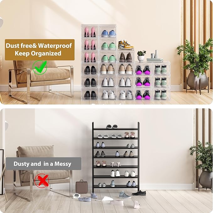 10 Pack Extra XX Large Hard Plastic Clear Stackable Shoe Storage Box Organizer for Closet, Thicken Sturdy Sneaker Shoe Rack Display Case Containers Bins with Lids and Magnetic Door, Clear