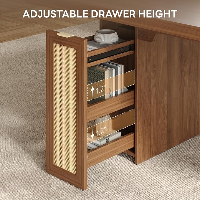 LIKIMIO 78.7" Farmhouse Dining Table for 6-8 People, Extra Thick Wood Top with 2 Hidden Adjustable Storage Drawers, Modern Woven Rattan Table for Dining Room, Kitchen, Living Room, Vintage Brown