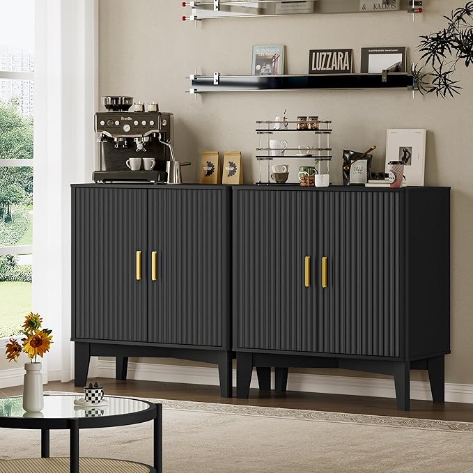 Storage Cabinet with Doors and Adjustable Shelf, Modern Fluted Sideboard Buffet Cabinet, Freestanding Coffee Bar for Kitchen, Pantry, Entryway, Living Room (Black)