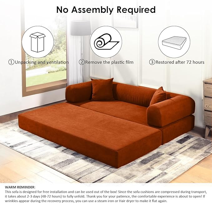 80" Convertible Sofa Bed, 3-in-1 Corduroy Folding Pull Out Couch with Pillows, No Assembly Modern Boneless Couch Compression Sofa in Box, Floor Sofa with Side Storage Pocket for Living Room, Orange