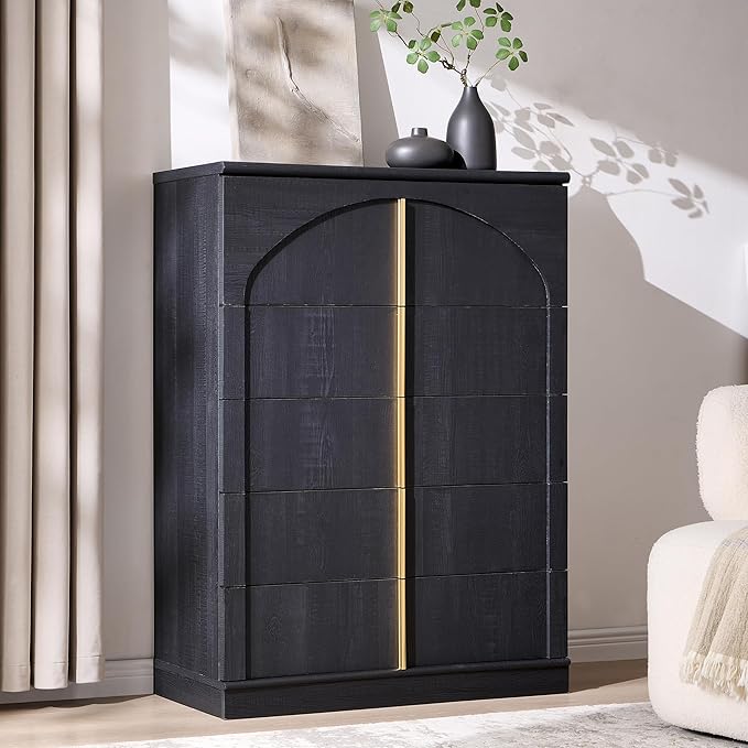 ACCOHOHO Modern 5 Drawer Dresser for Bedroom with Arched Panel,44" Tall Dresser for Closet with Metal Handles,Push-to-Open Wood Storage Closet Dressers Tv Stand for Living Room, Hallway,Black