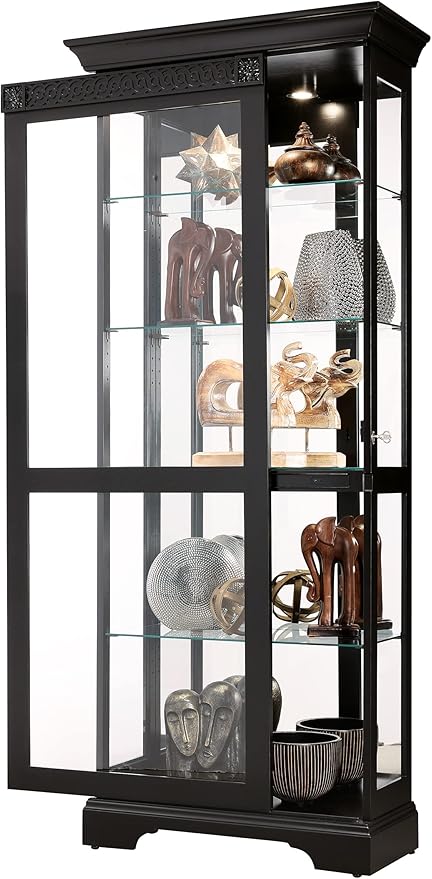 Howard Miller Brigid II Curio Cabinet – Premium Black Finish Illuminated Display Cabinet for Collectibles with Sliding Glass Door Adjustable Shelves Mirrored Back andSecure Key Lock