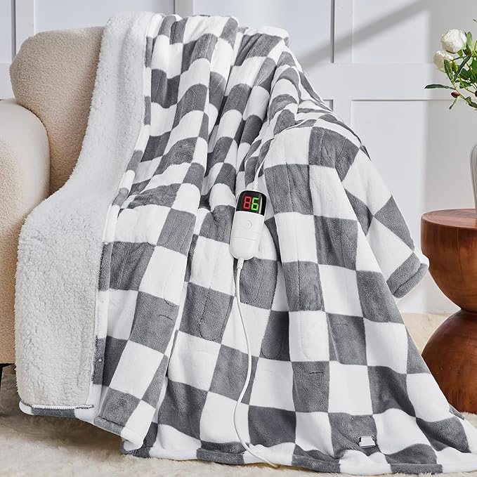Heated Electric Blanketc Throw, 50X60 Heating Blanket with 10 Heat Level & 8 Hour Auto Off for Lap, Light Gray Checkered Plaid Sherpa Blankets Warmer Gift for Couch Grandma Women Adults Washable