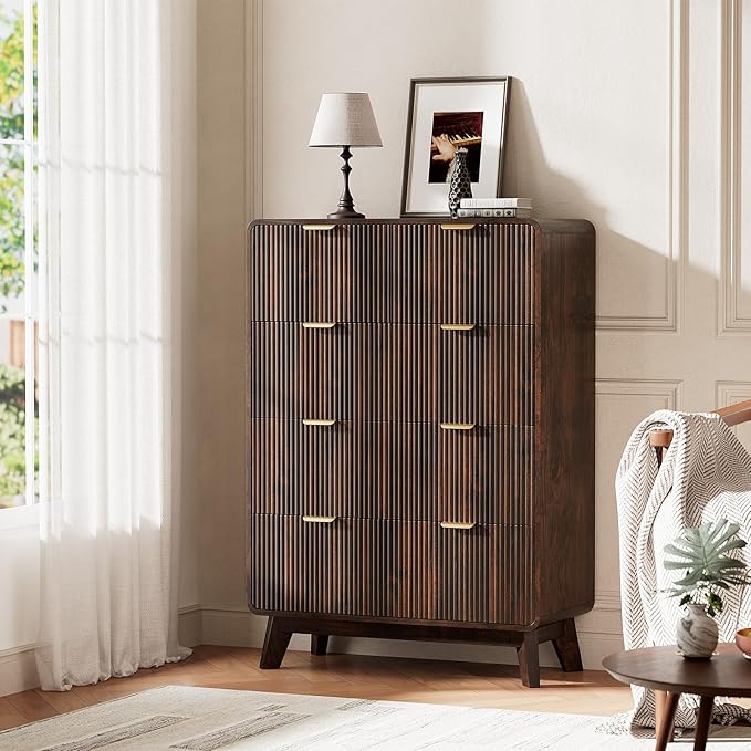 QUW Fluted Dresser for Bedroom with 5 Drawers, Modern 40.2" Tall Drawer Dressers with Metal Handle, Wooden Chest of Dresser for Living Room, Hallway, Dark Walnut