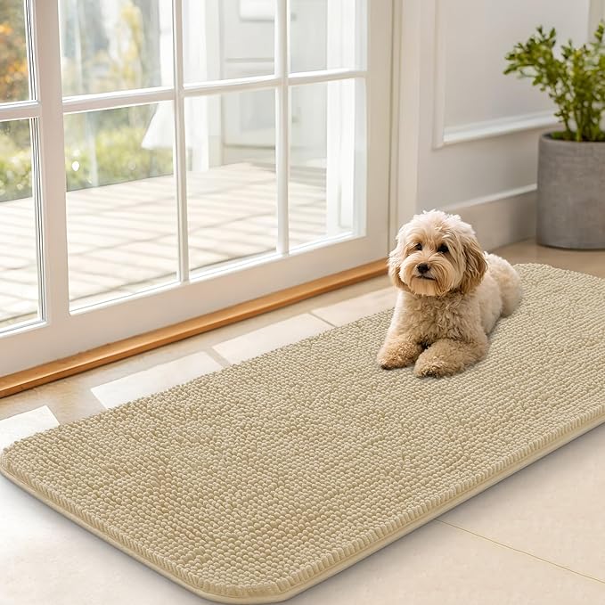 OLANLY Dog Door Mat for Muddy Paws 47x20, Absorbs Moisture and Dirt, Absorbent Non-Slip Washable Doormat, Quick Dry Chenille Mud Mat for Dogs, Entry Indoor Entryway Carpet for Inside Floor, Beige