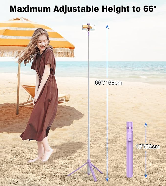 TONEOF 66" Automatic Tripod,Auto-Open Phone Tripod Stand with Magnetic Rechargable Remote,Selfie Stick Tripod 360° Vertical & Horizontal Rotatable,Stable Travel Tripod for iPhone/Android(Purple)