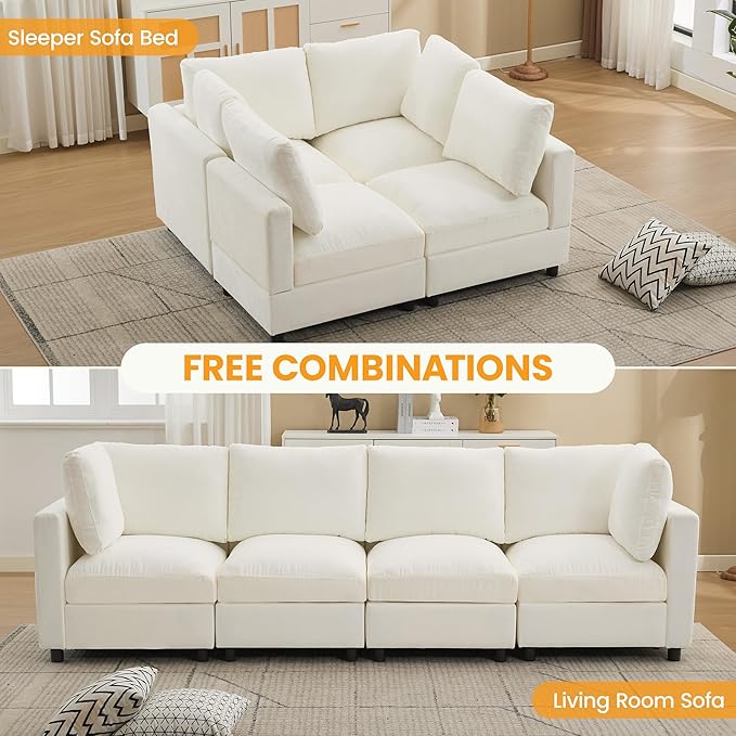 116'' 4-Seater Modular Sectional Cloud Sofa, Straight-Line Couches for Living Room, Modern Upholstered Deep Seat Sofa, Chenille Beige