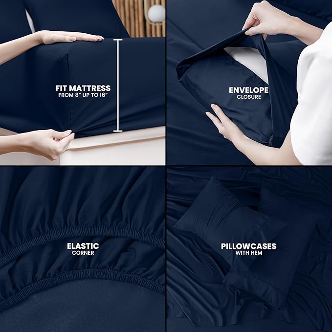 Utopia Bedding King Sheet Set – 4 Piece Bed Sheets for King Size Bed, Soft and Breathable Microfiber, Includes 1 Fitted Sheet, 1 Flat Sheet and 2 Pillowcases (Navy Blue)
