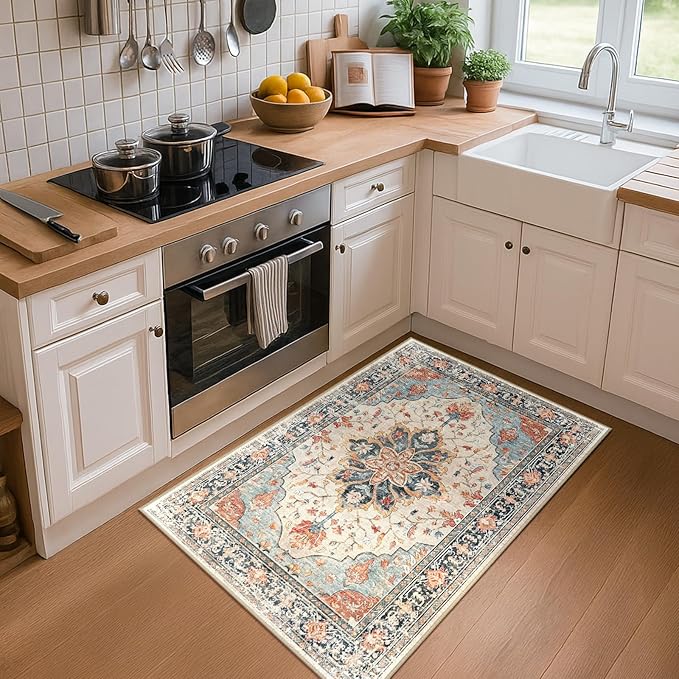Area Rugs 2'x3' Washable Non-Slip, Floral Vintage Distress Print Pattern Medallion Carpet for Living Room Bedroom Dining Room, Beige Navy Blue Orange Colorful