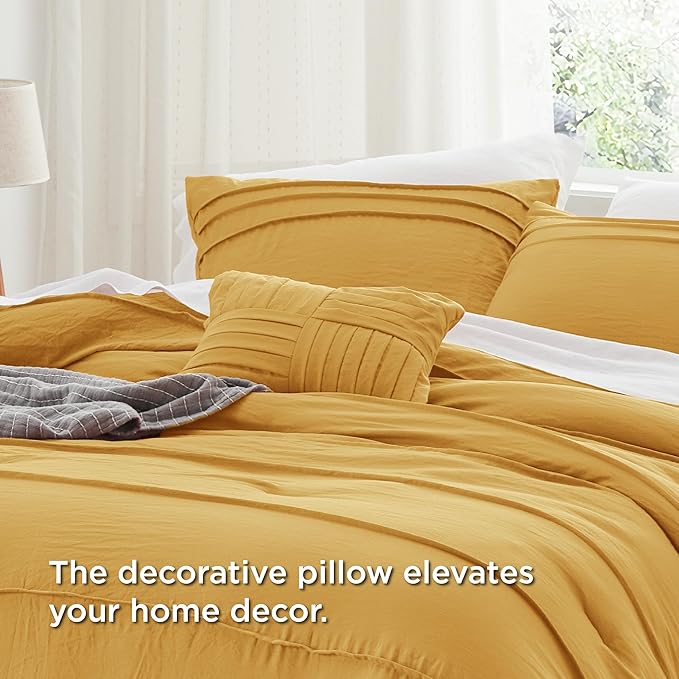 Bedsure Queen Comforter Set - 4 Pieces Pinch Pleat Bed Set, Mustard Yellow Boho Bedding for All Season, 1 Soft Comforter, 2 Pillowcases, 1 Decorative Pillow
