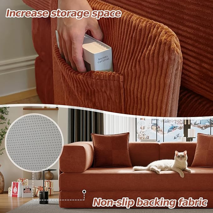 78.8" Convertible Futon Sofa Bed,Corduroy Futon Couch with Storage Pocket,Folding Pull Out Sofa,No Assembly Boneless Couch for Living Room,Orange