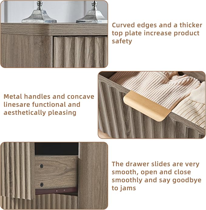 LEYAOYAO Fluted Dresser and 3 Drawers Nightstand Set of 2, Wood 48" Wide Dresser & 23" Night Stand with Charging Station, 3 Piece Bedroom Furniture Set, Chest of Drawers for Home,Living Room,Grey