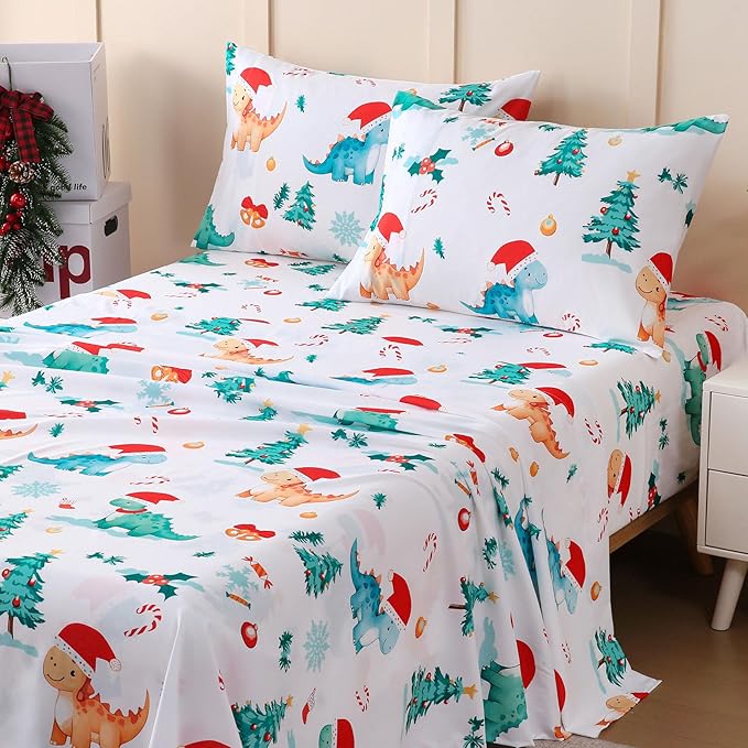 JSD Dinosaur Kids Christmas Sheet Set Full Size, 4 Piece Soft Printed Microfiber Bed Sheets Deep Pocket