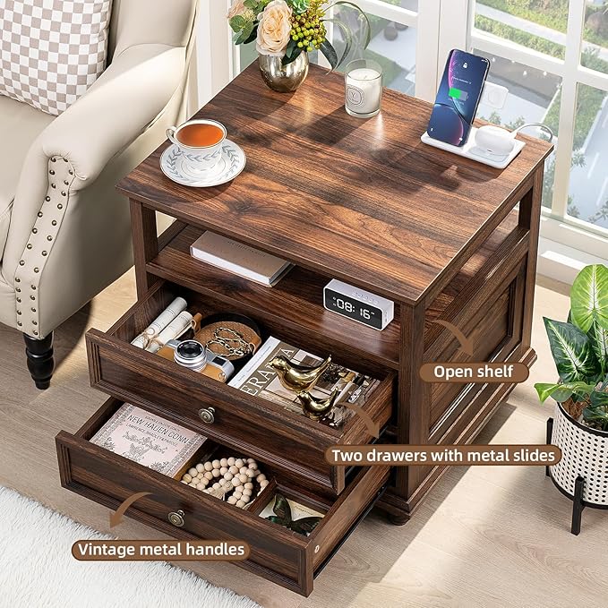 Farmhouse Furniture Set, Nightstands Set of 2 and 7 Drawers Dresser for Bedroom, 54 Inch Wide Wood Dresser and 24" Night Stands with Charging Station for Bedroom, Living Room, Hallway