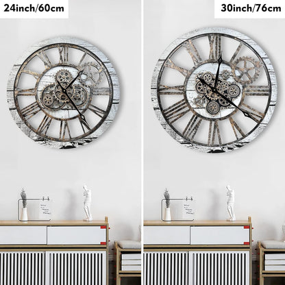 The B-Style Large Real Moving Gears Wall Clock 30 inch Rustic Retro Industrial Farmhouse Wood Clock Oversized Decorative Vintage Wall Clocks for Living Room (Gray White, 30 Inch/76CM)