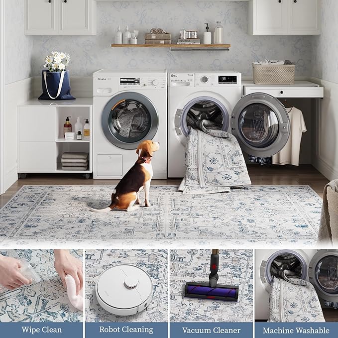 jinchan Lima 6x9 Machine Washable Area Rugs for Living Room - Vintage Floral Stain Resistant Low Pile Ultra-Thin Non Slip Accent Rug for Bedroom Kitchen Dining Room Home Office (6x9ft, Blue)