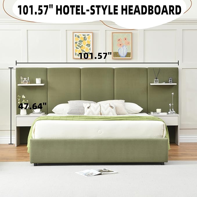 Queen Bed Frame with Storage & Built-in Nightstands, Velvet Upholstered Platform Bed Frame with Drawers & 2 Floating Storage Shelves, Noise-Free, No Box Spring Needed, Easy Assembly, Green