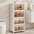 Storage Bins with Lids and Wheels, 180QT-45QT*4Tier Collapsible Bathroom Storage Cabinet with Clear Doors, Plastic Stackable Closet Organizers and Containers White