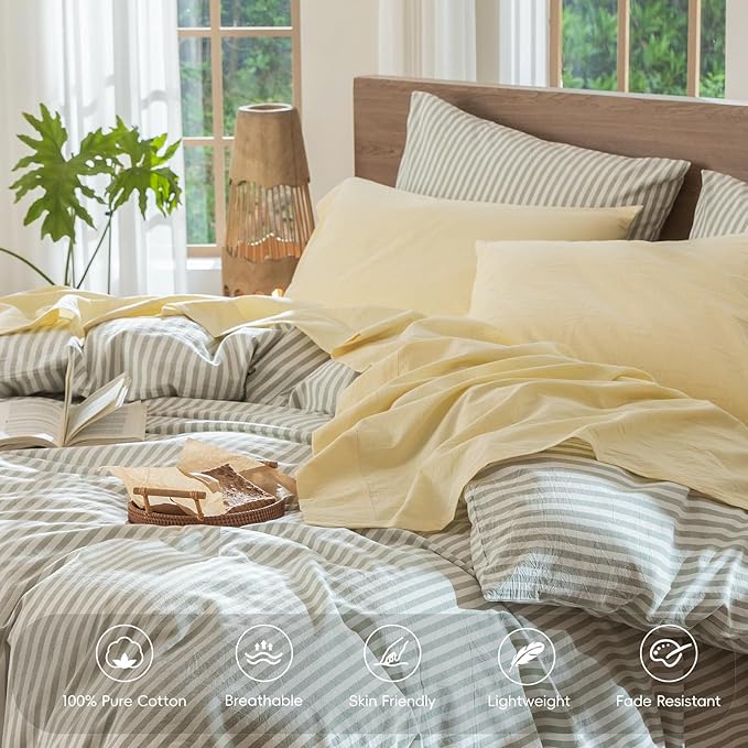 MooMee Bedding Sheet Set 100% Washed Cotton Linen Like Textured Breathable Durable Soft Comfy (Heathered Butter Yellow, Queen)