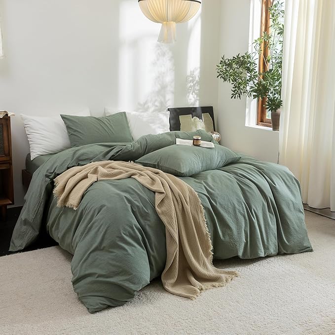 FOSSA Duvet Cover Set 100% Washed Cotton Linen Feel Super Soft Breathable Cozy Simple Style 3 Pieces Bedding Sets Solid Heathered Green Oversized King Plus