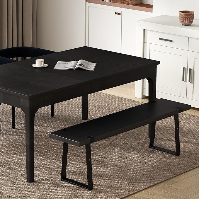 Wooden Dining Bench 60” Industrial Table Benches, Seating Chair Rustic Indoor Benches, Mid Century Kitchen Bench with Metal Legs, Black