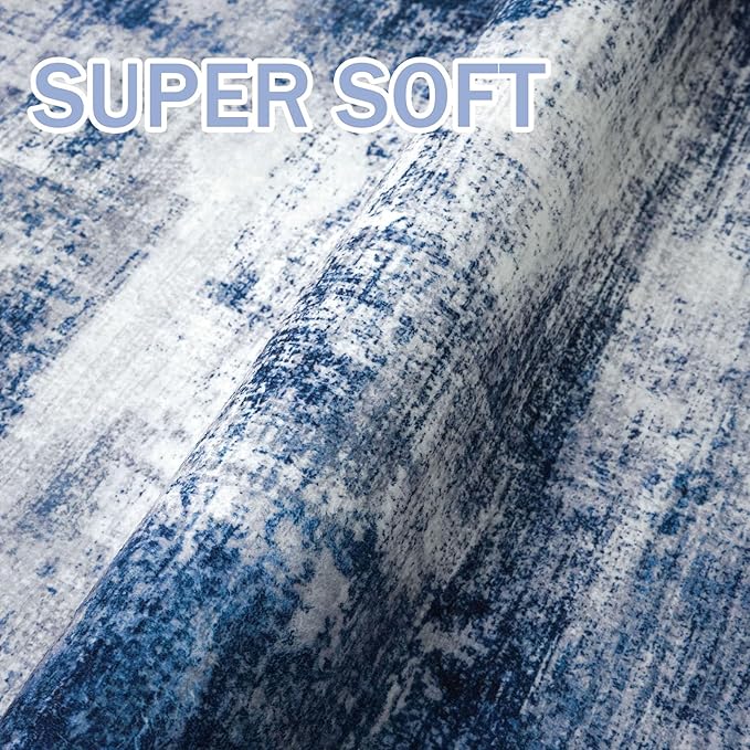 IOHOUZE Abstract Runner Rug 2x8 Ft Washable Runners for Hallways, Non Slip Kitchen Runner Printed Faux Wool Entryway Runner Indoor, Modern Abstract Floor Carpet for Hall Kitchen Bedroom, Navy/Grey
