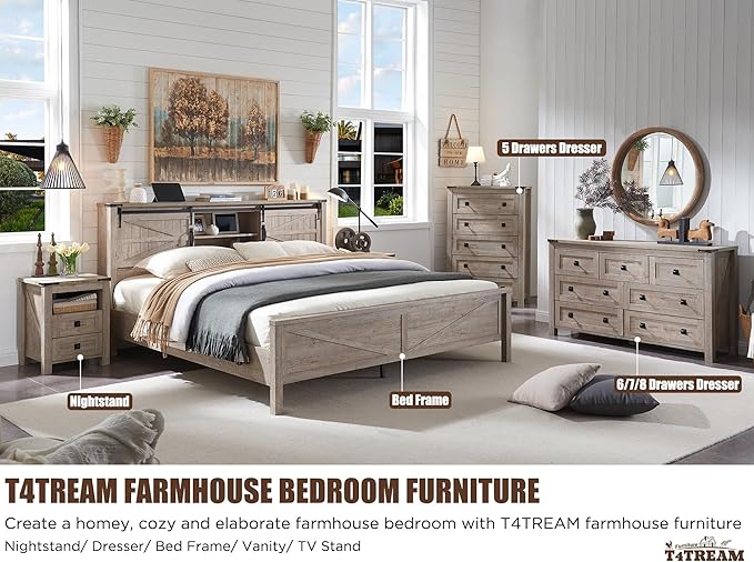 T4TREAM Farmhouse 6 Drawers Dresser for Bedroom, Wood Rustic Wide Chest of Drawers, Storage Dressers Organizer for Bedroom, Living Room, Hallway, Light Rustic Oak