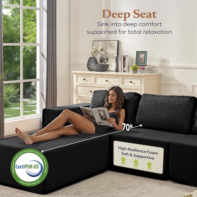 67" Loveseat Sofa, Cloud Modular Couch, Upholstered Floor Sofa with Deep Seat, Upholstered Foam Sofa for Bedroom Living Room, No Assembly Required (Black, Teddy Boucle)