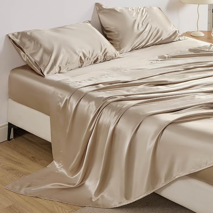 Bedsure Satin Sheets Full Size - 4 Piece Silky Bedsheets with 15 Inches Deep Pocket Fitted Bedsheet,1 Flat Sheet, 2 Satin Pillowcases, Good for Hair & Skin (Full, Khaki)