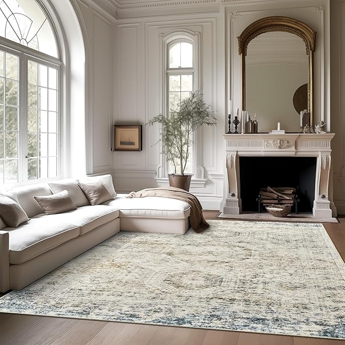 Washable Area Rug 8x10, Large Soft Rugs for Living Room Vintage 8x10 Area Rugs for Bedroom Dining Room Non-Slip Stain Resistant Under Table Blue Ivory Rug