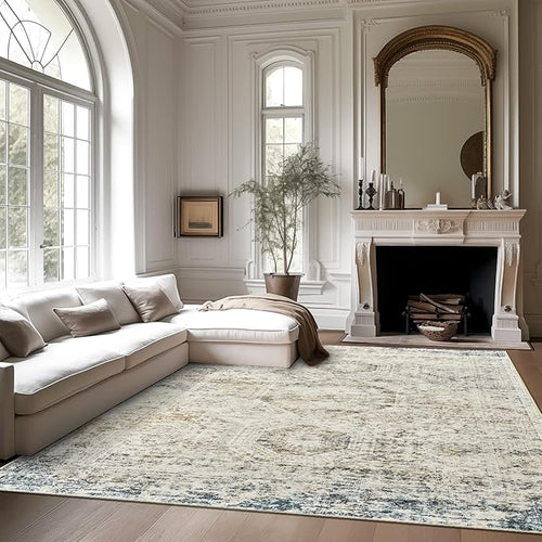 10x14 Area Rugs for Living Room, Non Slip Machine Washable Vintage Rugs, Low Pile Lightweight Large Rug for Bedroom, Dining Room, Home Office Blue Ivory
