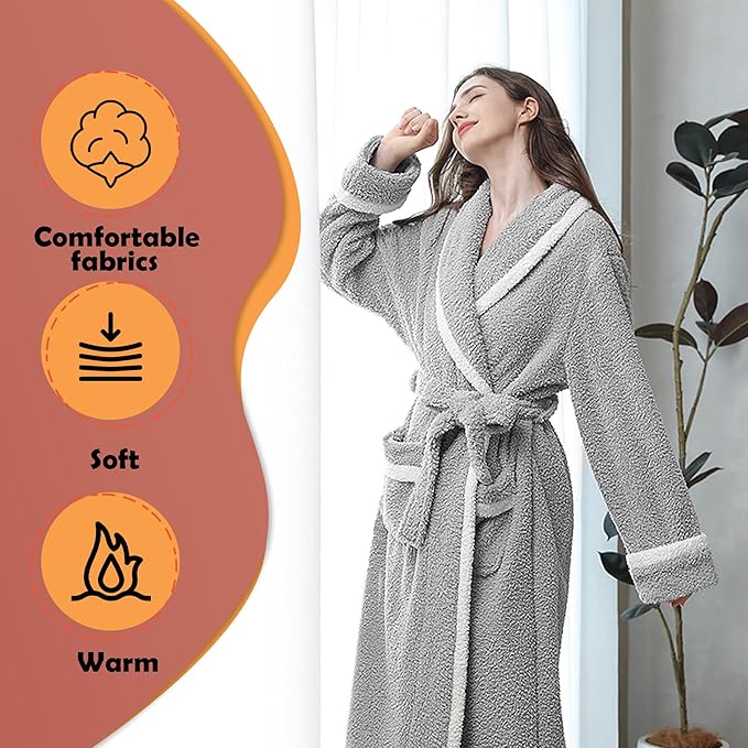 Oksun Womens Long Fleece Robe: Soft Fluffy Warm Bathrobe - Cozy Winter Housecoat Nigthgown with Chic Piping