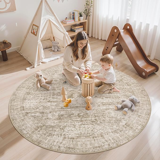 5x5 Brown Round Rug 5ft Living Room Circle Rug Vintage Round Area Rug Non Slip Indoor Carpet for Entryway Dining Room Bedroom