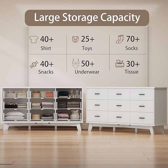 Dresser for Bedroom, 9 Drawer Wide Modern Chest of Drawers with X-Shaped Sturdy Base, Wood Double Dresser Closet Clothes Storage Organizer, Wooden TV Stand for Living Room, Hallway, White