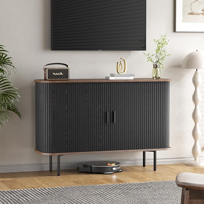 47''W x 32''H Black Buffet Sideboard Cabinet with Storage, Fluted Accent Storage Cabinet with Curvy Edge; Sliding Door, Freestanding Credenza, Console Table for Living Room, Kitchen, Hallway