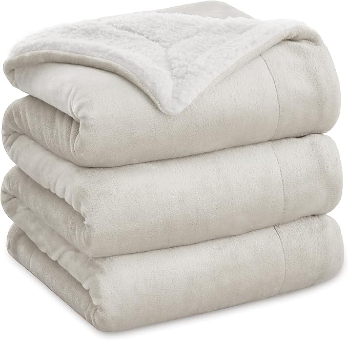 Bedsure GentleSoft Sherpa Fleece Blankets Queen Size for Bed - Thick and Warm, Soft Fuzzy Plush Queen Blanket for Winter, Linen, 90x90 Inches