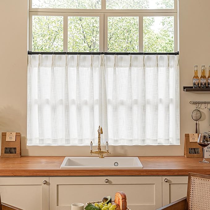 Beige White Linen Pleated Curtains 30 Inch Length Light Filtering Semi Sheer Mini Curtains Cafe Small Window Basement Bathroom Boho Farmhouse Pinch Pleat Short Semi Sheer Kitchen Drapes Camper RV
