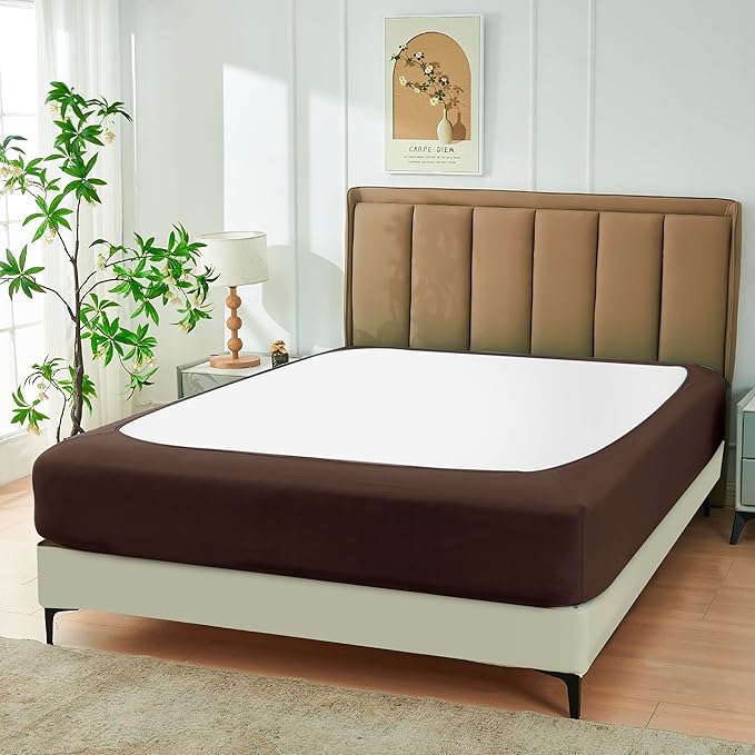 Biscaynebay Decorative Box Spring Cover King & Cal King Size, Brown Luxurious Jersey Knitting Stretchy Wrap Around 4 Sides Bed Skirt for Home/Hotels, Easy Fit Wrinkle & Fade Free Machine Washable